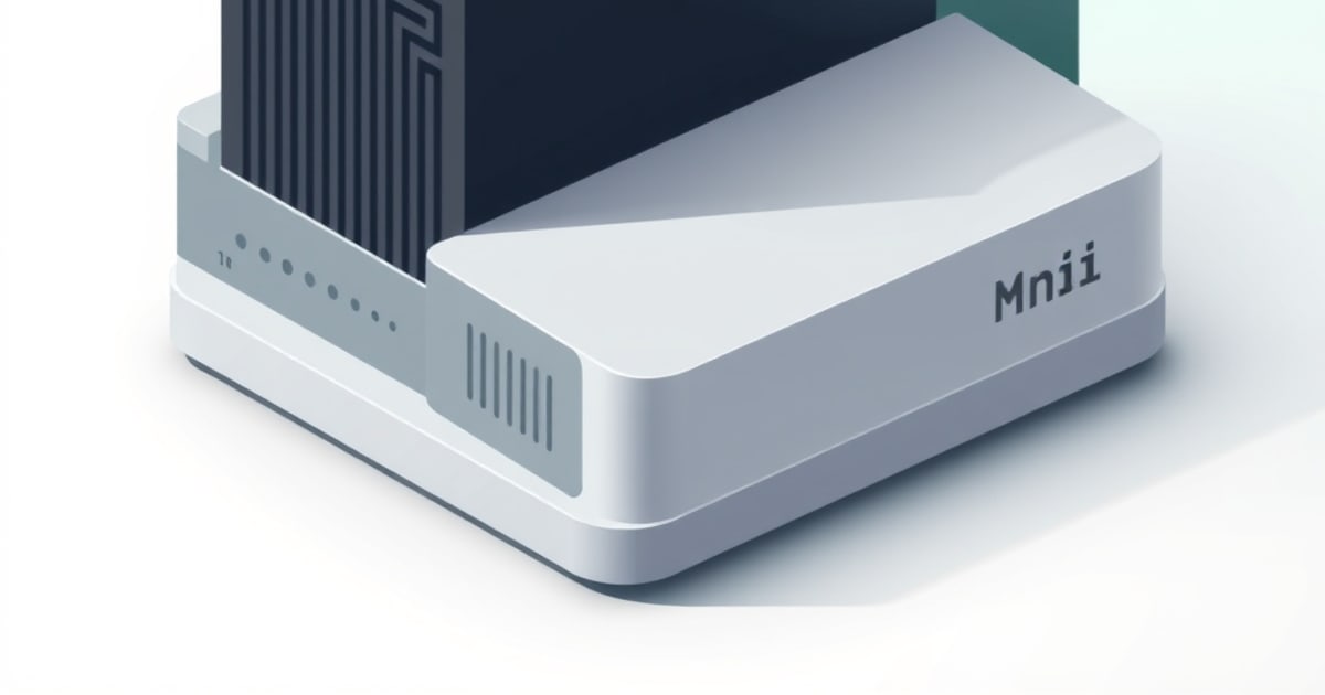 Isometric white mini PC with side vent slots and a front port cluster resting on a pale pink slab, representing hardware for an OPNsense firewall