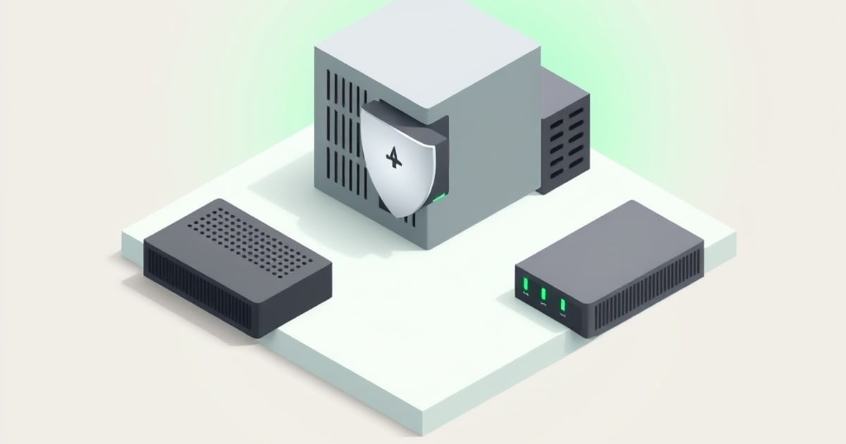 Flat isometric illustration of a grey tower appliance carrying a shield emblem, flanked on a pale platform by a black box and a slim green-lit switch.