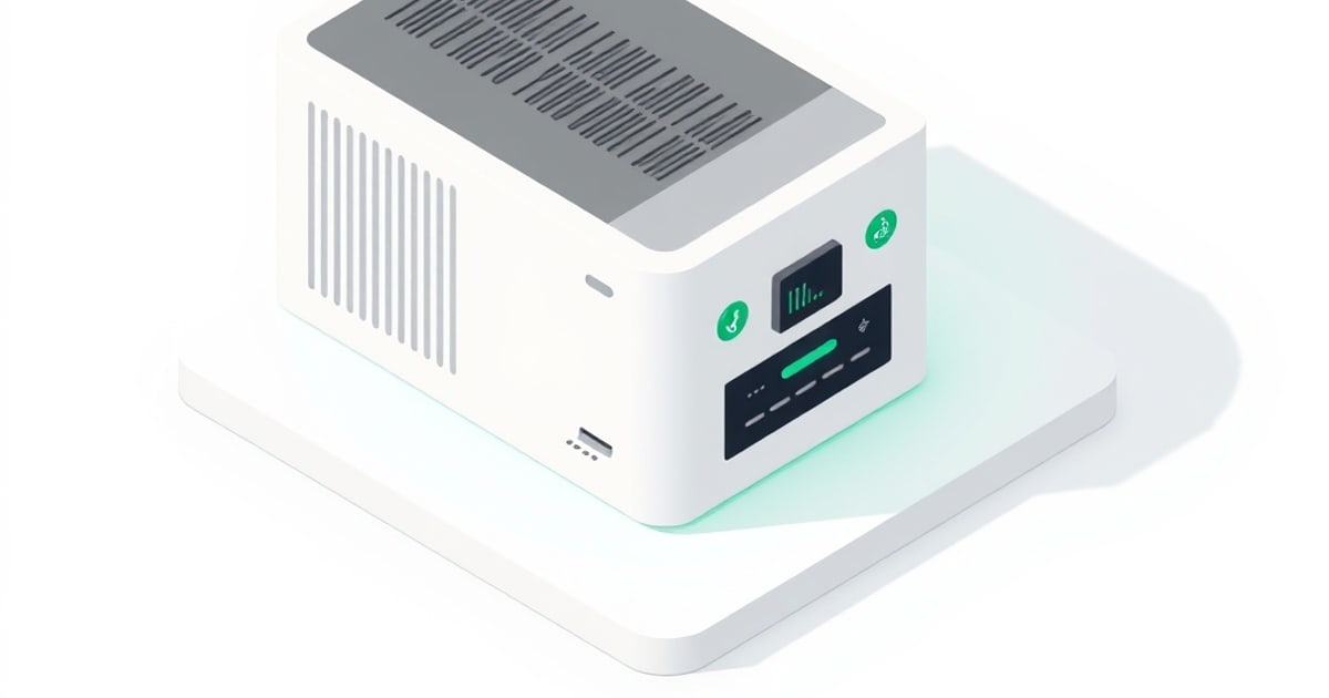 Flat isometric illustration of a white fanless firewall appliance with a grey vented top and a green-lit front port panel, on a pale rounded plinth.