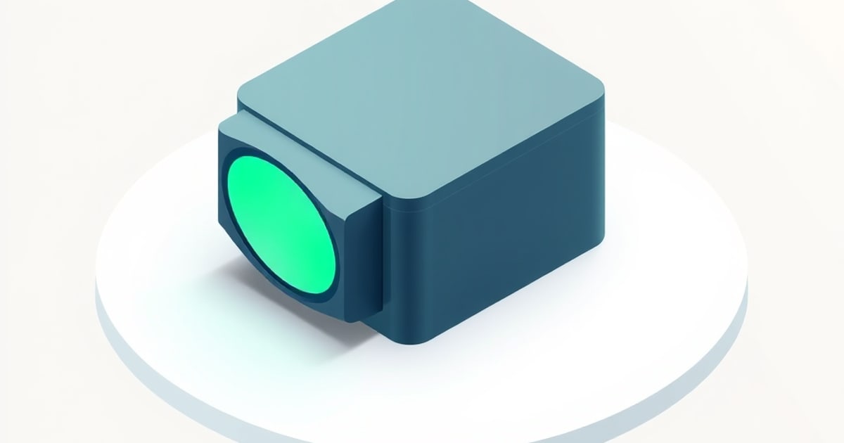 A dark blue-teal isometric router or firewall appliance with a glowing green status light sits on a soft white circular platform against a cream background.