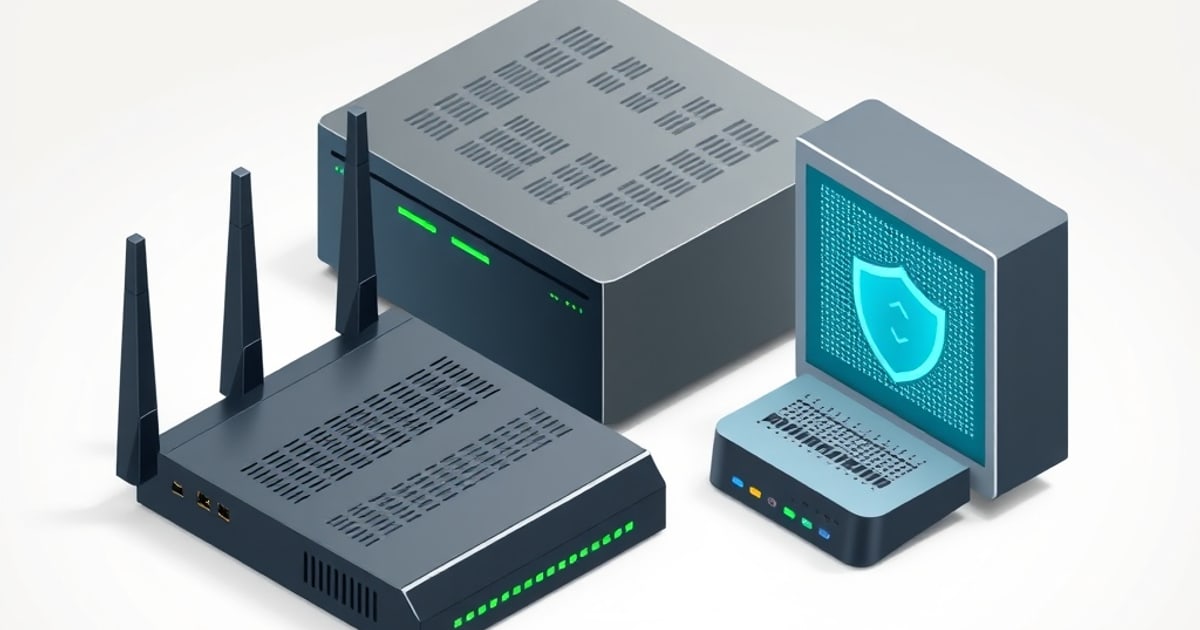 Two network appliances facing each other on a dark desk — one a UniFi Dream Machine, the other a compact pfSense appliance